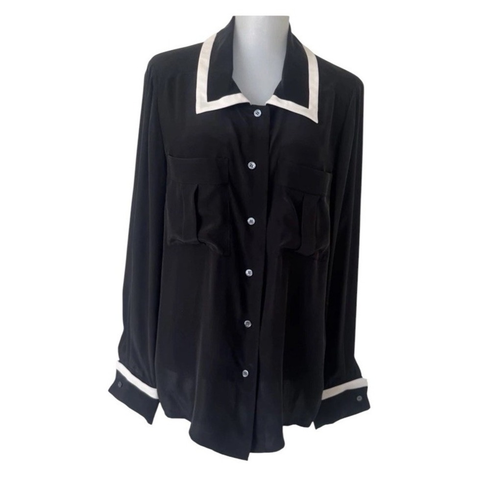 Frame 100% Silk Long Sleeve Blouse Collared Women's Large Black